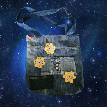 "Sunflower" Upcycling - Büchertasche aus Jeansstoff - Unikat -